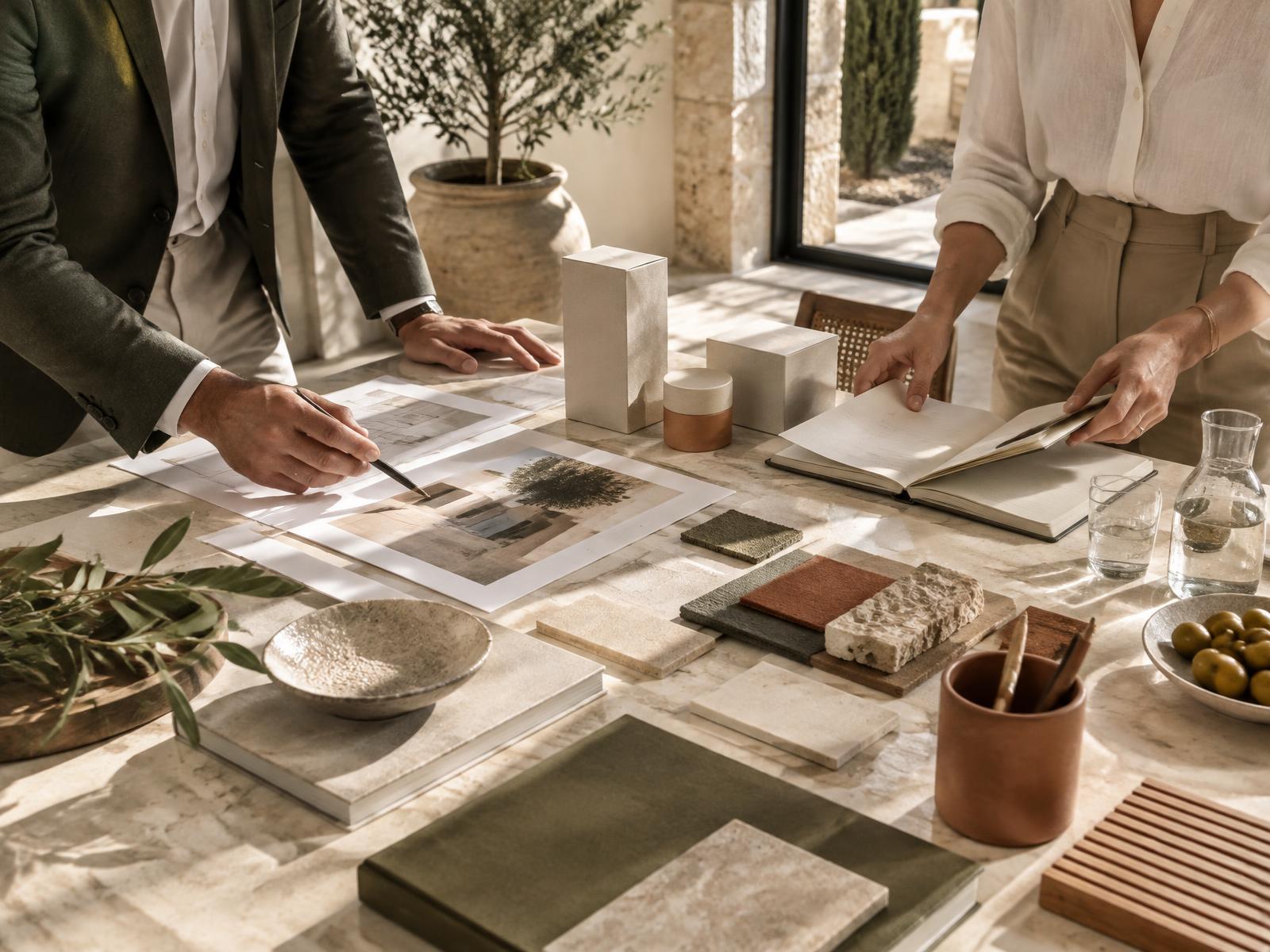 Professionals reviewing product and market materials in a Spanish studio